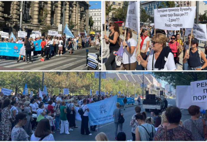 (VIDEO) "Nismo vas tako vaspitali": Protest zaposlenih u predškolskim ustanovama, "ćutanje" ispred Ministarstva prosvete