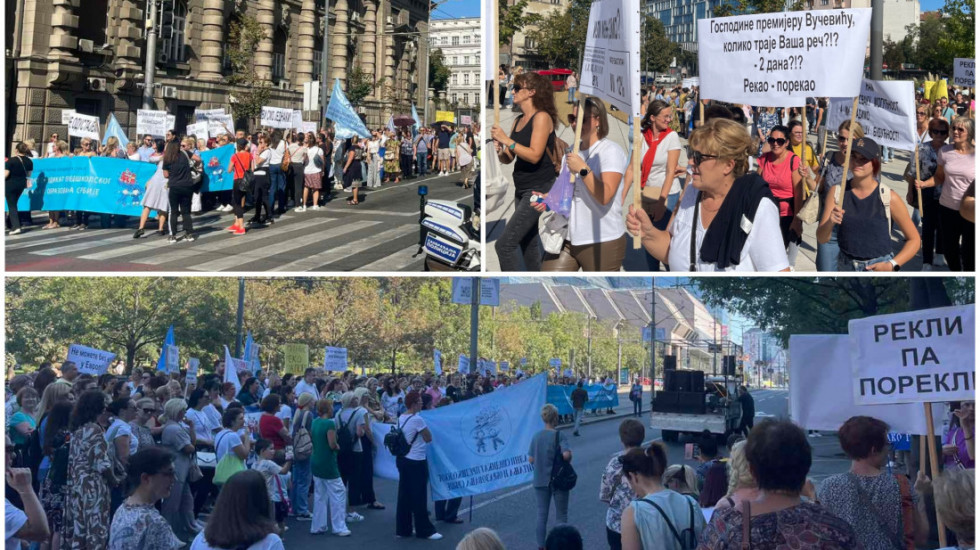 (VIDEO) "Nismo vas tako vaspitali": Protest zaposlenih u predškolskim ustanovama, "ćutanje" ispred Ministarstva prosvete