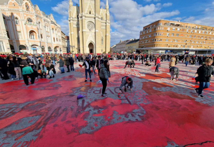 One Month After the Tragedy in Novi Sad, Freedom Square Turned Red in Protest Tribute