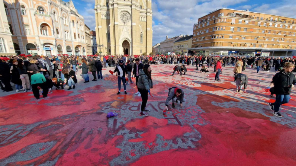 One Month After the Tragedy in Novi Sad, Freedom Square Turned Red in Protest Tribute