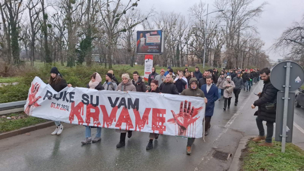 (FOTO) Održana akcija "29 minuta za 29 žrtava": Blokade u više gradova Srbije, "krvava šaka" na zidu Petrovaradina