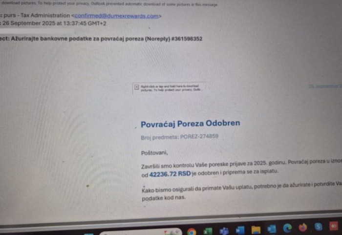 Poreska uprava upozorava obveznike na pokušaje prevare putem elektronske pošte